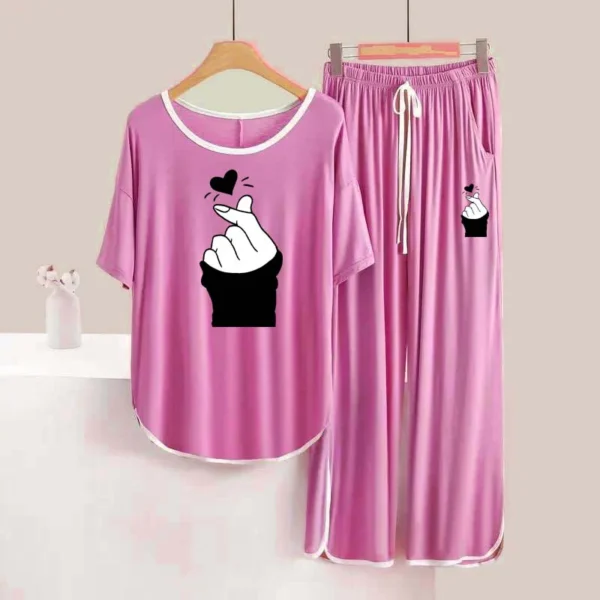 Round Hem Contrast Neck F-Sleeve Printed Lounge And Night Wear Suit. WLW-02
