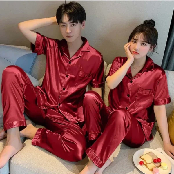 Imported Regular Style Unisex 2-Pcs Silk Nightsuit. (H-Sleeve+Pajama).