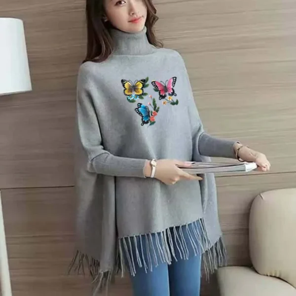 Zayra Multi Butterfly Printed Bat-Wing Style Winter Poncho.