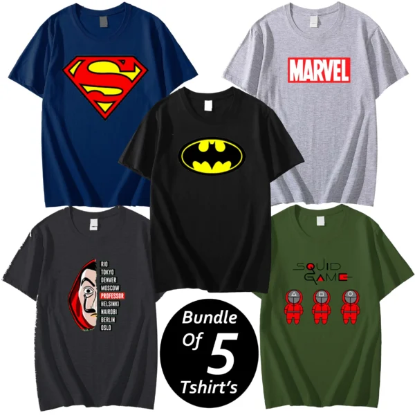 Zayra Bundle Of 5 R-Neck Half Sleeve Super Hero Full-Printed Summer Tshirt's. Deal-03.