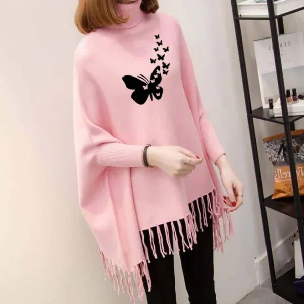 Zayra Small Butterfly Printed Bat-Wing Style Winter Poncho