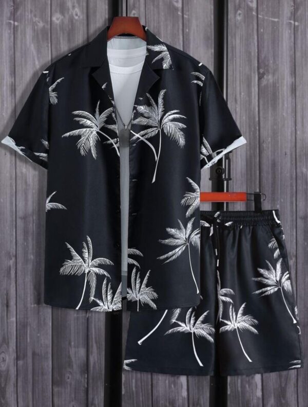 Zayra Men's Coconut Trees Print Shirt Shorts Set Trendy Casual 2 Pcs Outfits.
